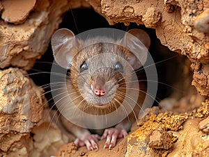 gray rat gnawed through a wooden wall