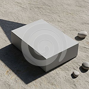 A gray rectangular box rests on a rough, textured stone surface