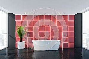 Gray and red bathroom with bathtub