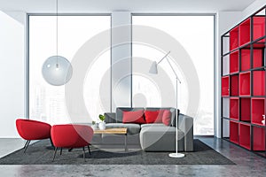 Gray and red loft living room interior