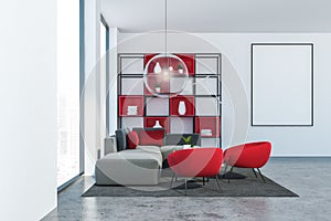 Gray and red loft living room with poster