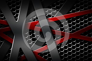 Gray and red metal frame on black grille background.