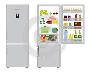 Gray refrigerator with open doors, a full of food