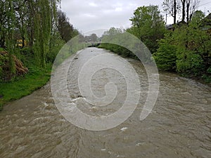 Gray river in the suburbs, floods