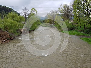 Gray river in the suburbs, floods