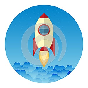 Gray rocket and white cloud, circle icon in flat style, conceptual of start up new business project, take off of a business or
