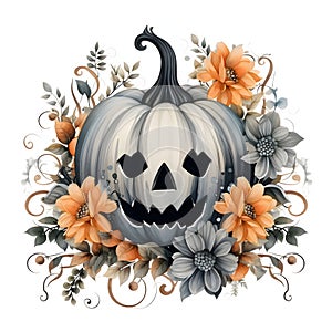 Gray sad jack-o-lantern pumpkin decorated with colorful flowers, Halloween image on a dark isolated background