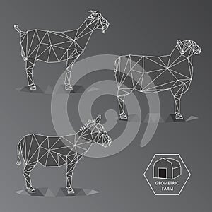 Gray scale geometric illustration of medium farm animals