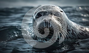 Gray seal floating in the frigid Arctic waters surrounded by shimmering icebergs & crystal-clear skies. portrait captures essence