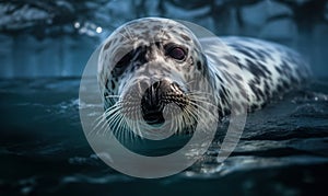 Gray seal floating in the frigid Arctic waters surrounded by shimmering icebergs & crystal-clear skies. portrait captures essence