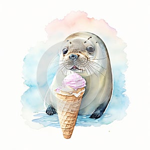 gray seal isolated graphic eating pink ice cream