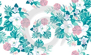 Gray Seamless Design. Navy Pattern Leaves. Blue Tropical Texture. White Floral Vintage. Cobalt Flora Background.