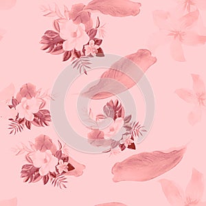 Gray Seamless Leaves. Coral Pattern Painting. White Tropical Palm. Pink Flower Leaves. Flora Illustration. Watercolor Foliage.