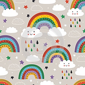 Gray seamless pattern with cute rainbow, cloud, bird and sun