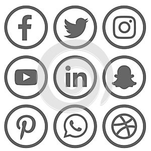 Gray shade Social media logo set of facebook twitter instagram pinterest whatsapp dribble you-tube linked in and snap-chat