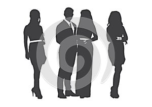 Gray silhouettes of pretty women and man group pose on white colour background, flat line vector and illustration.