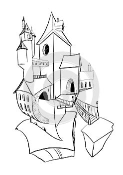 Gray sketch with castle. Graphic illustration