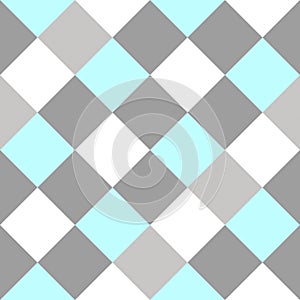 Gray Sky Blue White Large Diagonal Seamless French Checkered Pattern. Big Inclined Colorful Fabric Check Pattern Background. 45