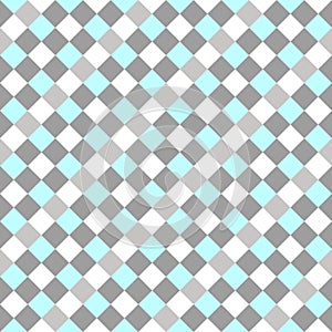 Gray Sky Blue White Seamless Diagonal French Checkered Pattern. Inclined Colorful Fabric Check Pattern Background. 45 degrees