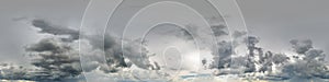 gray sky hdri 360 panorama with dark cloud before storm in seamless projection with zenith for use in 3d graphics as skydome or photo
