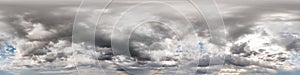 Gray sky with rain storm clouds. Seamless hdri panorama 360 degrees angle view with zenith for use in 3d graphics or game