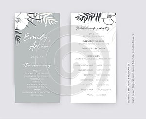 Gray and snow-white elegant vector wedding ceremony and party program card set. Editable tropical palm leaves, foliage decorative