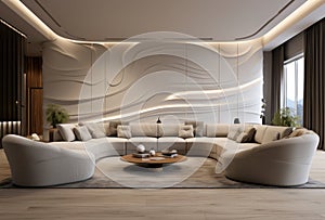 Gray sofa and beige armchair in a spacious,Interior design of modern living room. AI Generated