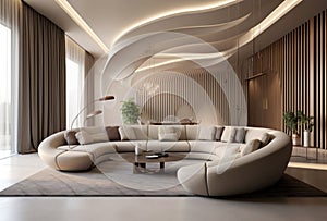 Gray sofa and beige armchair in a spacious,Interior design of modern living room. AI Generated