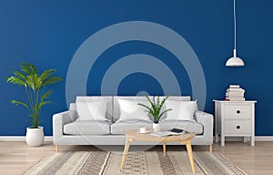 Gray sofa in classic blue living room for mockup