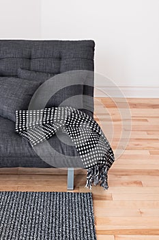 Gray sofa with cushions and throw