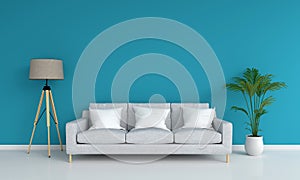 Gray sofa and lamp in blue living room, 3D rendering