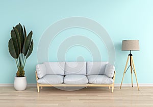 Gray sofa in light blue living room, 3D rendering