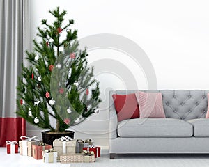 Gray sofa near the Christmas tree