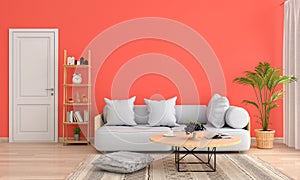 Gray sofa in orange living room, 3D rendering