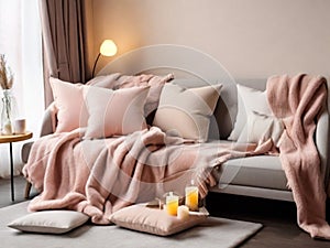 gray sofa with pink pillows