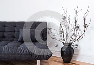 Gray sofa and simple winter decorations