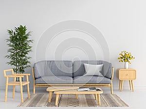 Gray sofa in white living room, 3D rendering