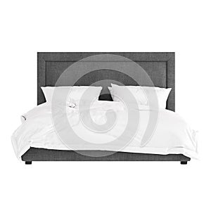 Gray soft double bed with fabric upholstery and white bedding on a white background. Front view. 3d rendering.