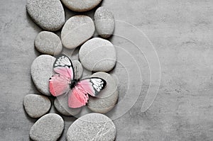 Gray spa stones on grey background and butterfly.