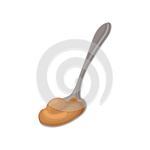 Gray spoon with sweet peanut butter. Healthy nutrition. Flat vector element for advertising or product packaging