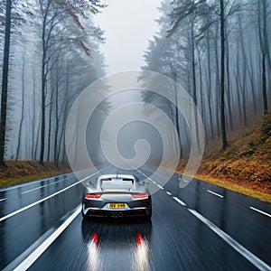 gray sports car driving on wet road on rainy autumn day through foggy
