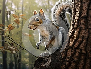 Gray Squirrel on Tree Trunk