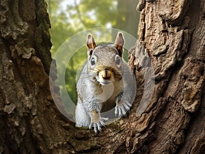 Gray Squirrel on Tree Trunk