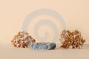 Gray stone as podium for eco products and dry hydrangea flowers on beige background