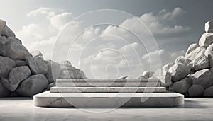 Gray stone 3d podium display and clouds in the background