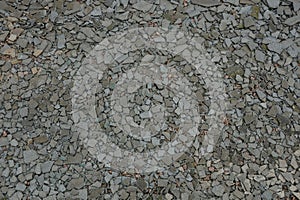 Gray stone texture of small stones and slices of slate on the road