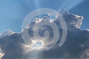 Gray storm cloud in blue sky with a hole in the middle