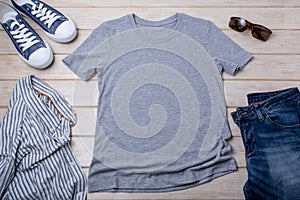 Gray T-shirt mockup with sneakers and striped shirt