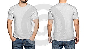 Gray t-shirt on a young man white background, front and back