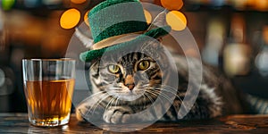 A gray tabby cat in a green hat bartending for St Patricks Day. Concept St Patricks Day, Gray Tabby Cat, Green Hat, Bartending,